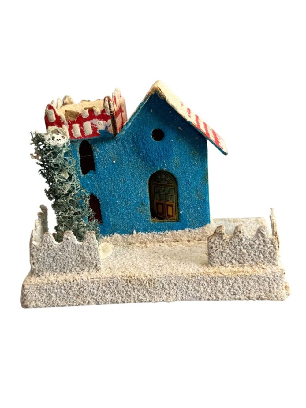 Vintage Christmas Putz House Blue Cottage Bottle Brush Tree Cardboard Japan Styl - Picture 7 of 8